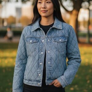 Women’s Quilted Denim Jacket Size M Blue Casual Button Front Jean Jacket